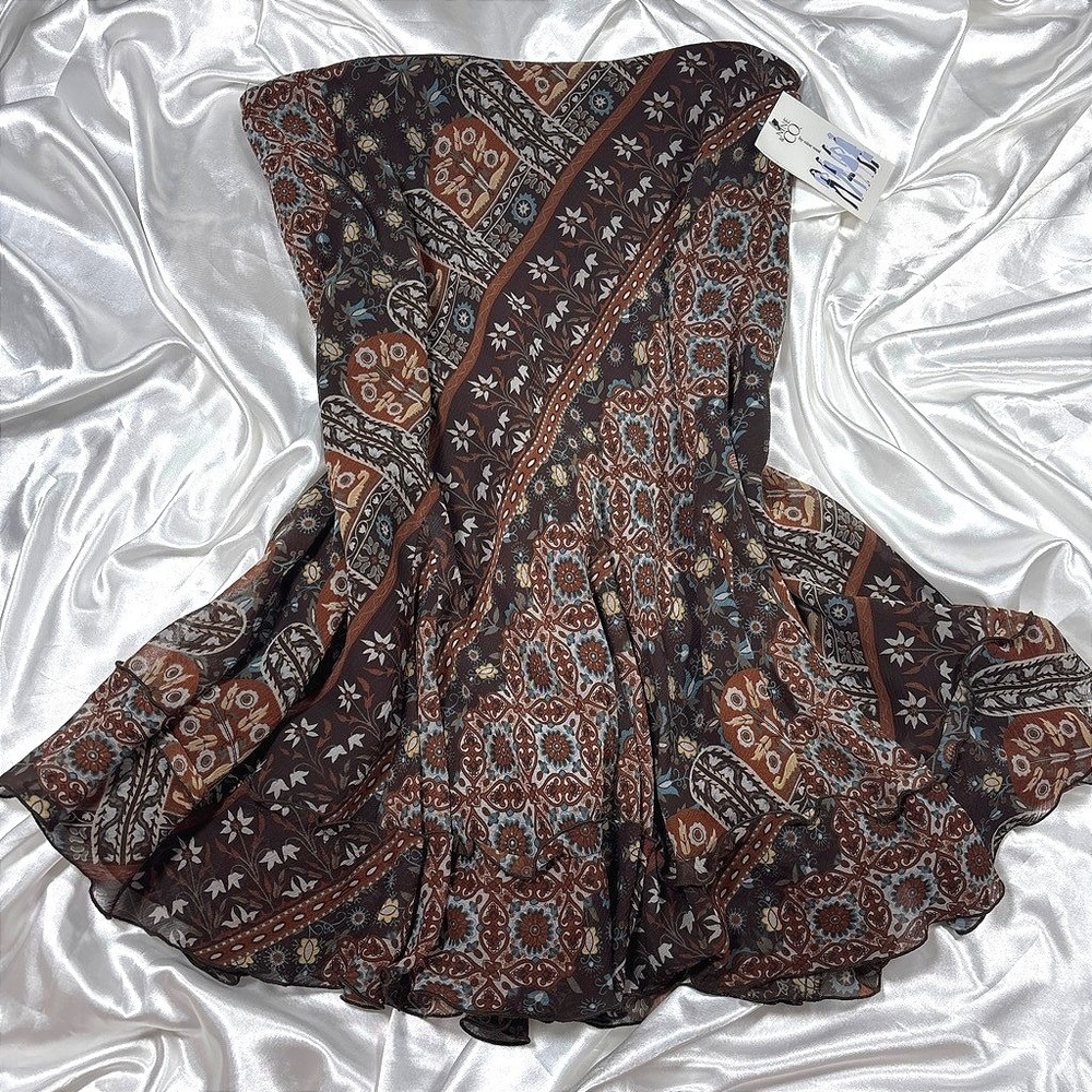 y2k boho Strapless Dress Brown NEW Paisley Patchwork Chiffon Ruffle Mini